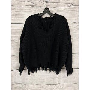 Distressed Black V-Neck Knit Sweater With Frayed Hem Size L
